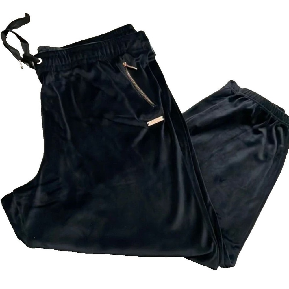 Nine West Wm's Black Velour Active Joggers Rose Gold Accents Cozy Lounge Comfy‎